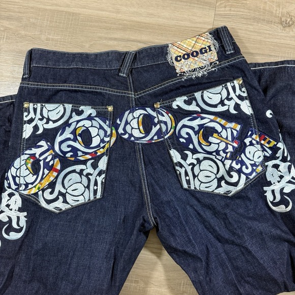 Coogi Jeans Mens 42x35 Blue Dark Wash Embroidered Logo Baggy Hip Hop Y2K Stake - Picture 1 of 9